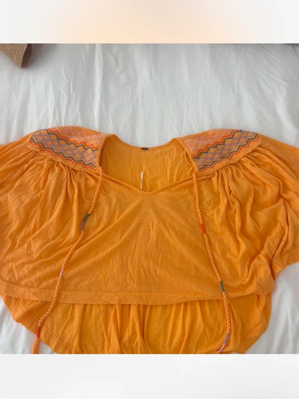 Free People Boho Embroidered V-Neck Peasant Top in Orange
